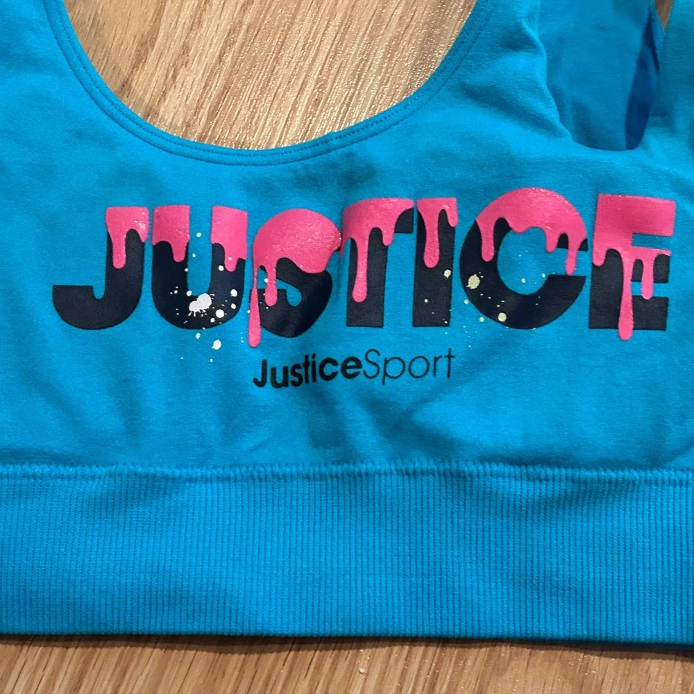 Justice Sport Girls Oh So Soft Sports Bra Turquoise Blue Pink Drip Graphic‎ 30